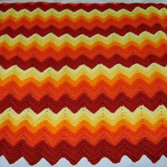 Vintage Crocheted Afghan, Ripple Chevron, Yellow/Orange/Rust, 45 x 84 - Picture 1 of 11